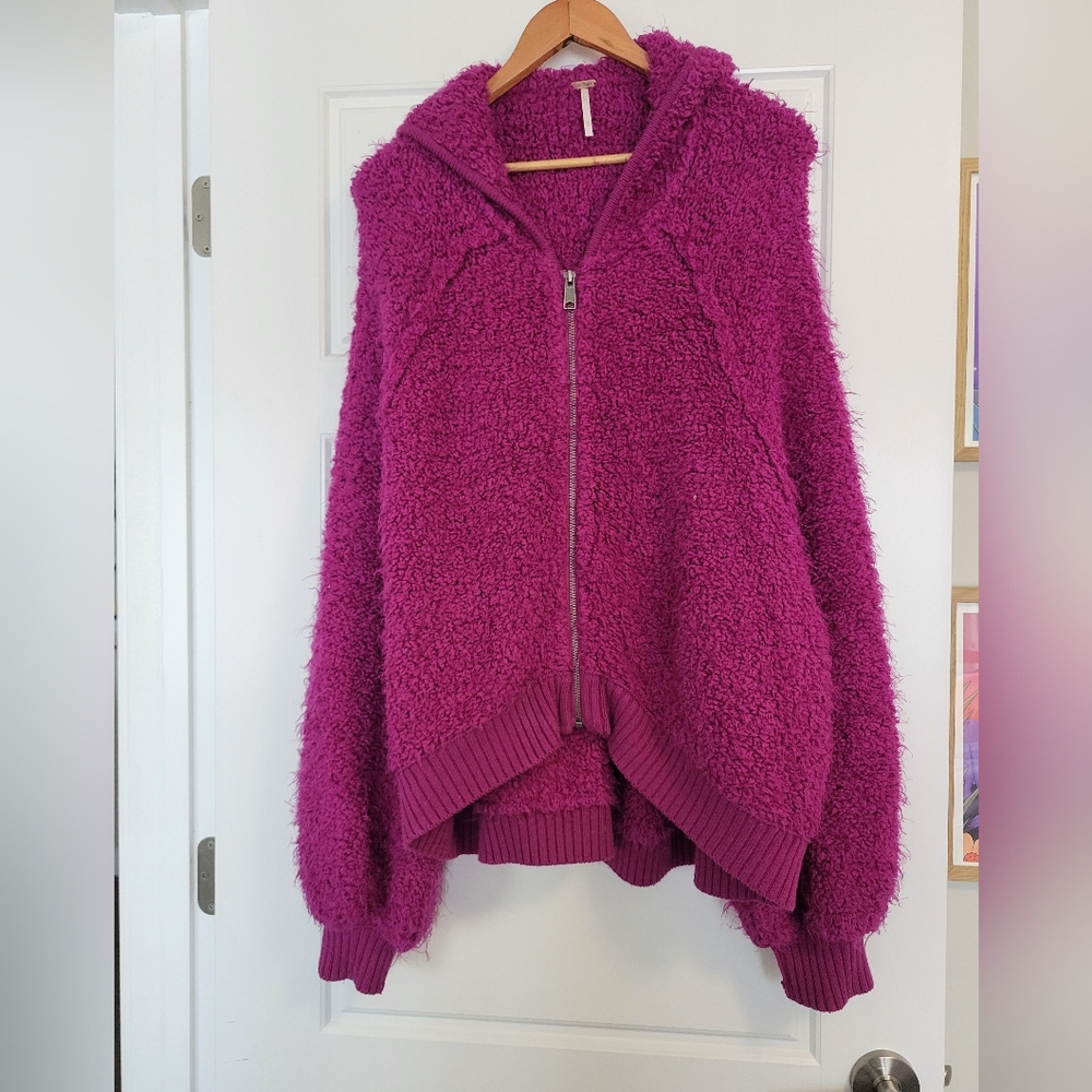 Free People Oversized Zip Hoodie Fuchsia Pink Fuzzy!